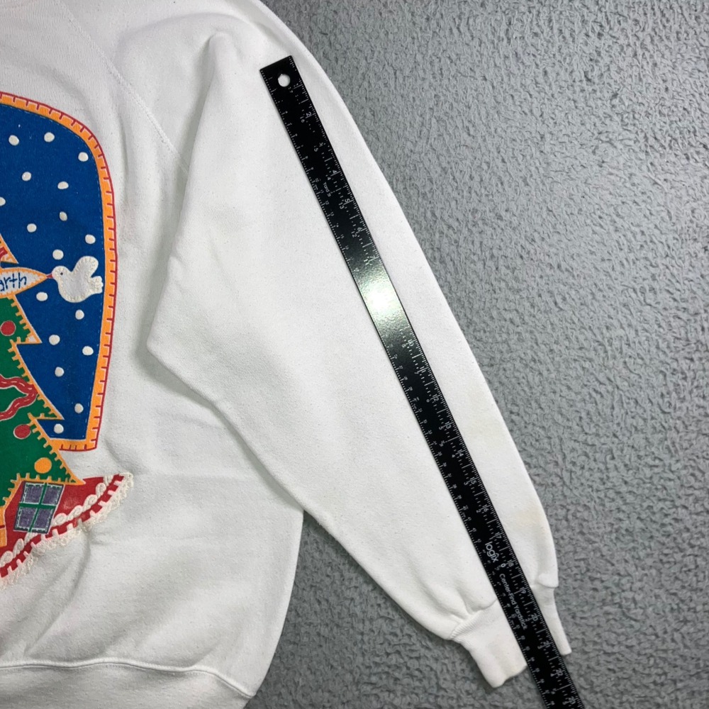 VTG Art By Design Zone Christmas Sweatshirt Womens XL White 80s Peace Tree - Picture 16 of 16